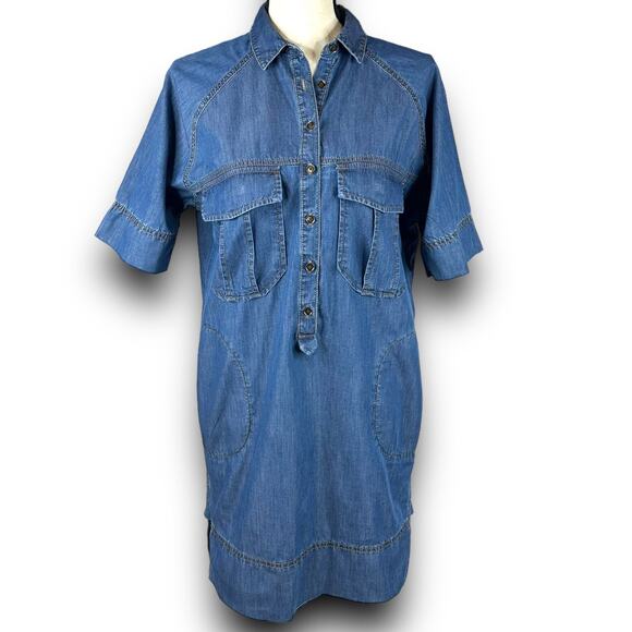 Banana Republic Blue Chambray Shirt Dress Pockets Knee Length Popover Style XS - Picture 1 of 5
